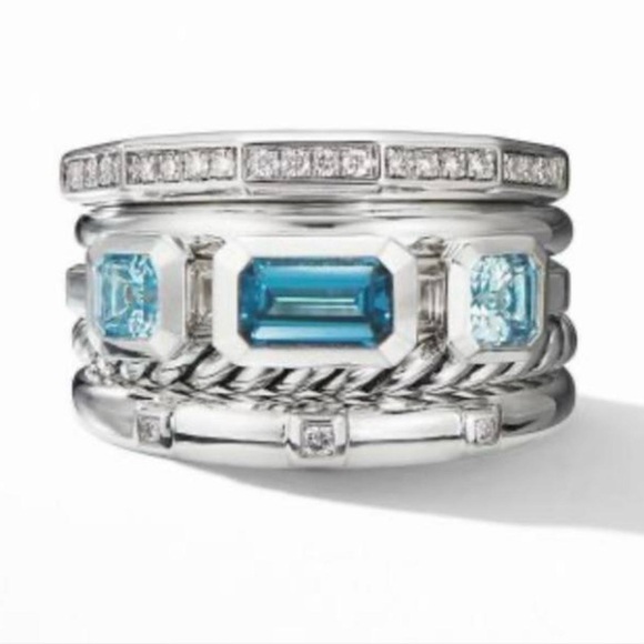 STAX FIVE ROW RING, 15mm, Size 9
Sterling Silver w/Hampton Blue Topaz, Diamonds - Picture 3 of 3